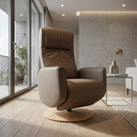 Orla Riser Recliner Swivel Chair with round wooden base, front view.