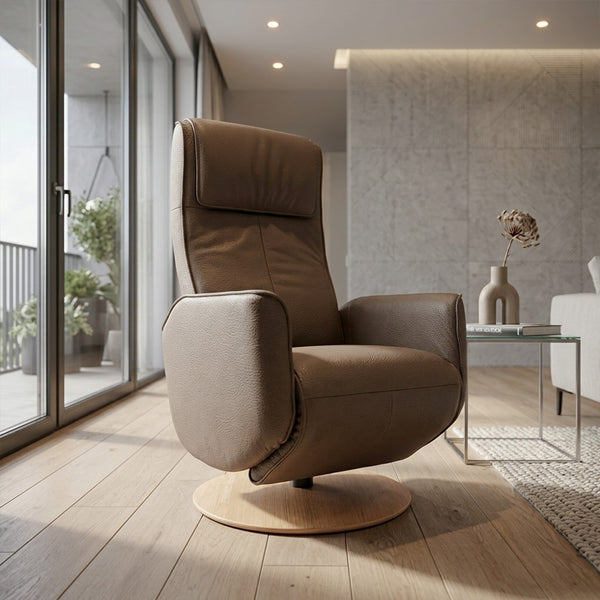 Orla Riser Recliner Swivel Chair with round wooden base, front view.