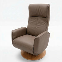 Orla Riser Recliner Swivel Chair on a circular wooden base, front view.