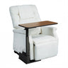 Drive Over Chair Table - Right Handed attached to a riser recliner armchair on a plain background, side view.