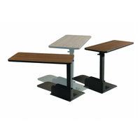 Drive Over Chair Table left handed with adjustable height and angle, metal base, white background, front view.