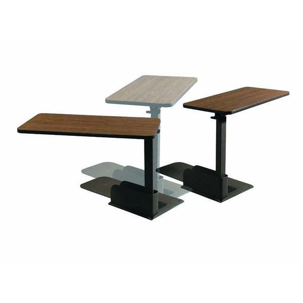 Drive Over Chair Table left handed with adjustable height and angle, metal base, white background, front view.