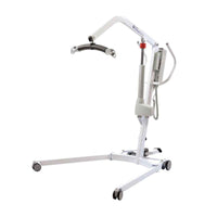 Joerns Healthcare Oxford Midi 180 Electric Hoist with wheels, metal frame and overhead arm for transfers, side view.