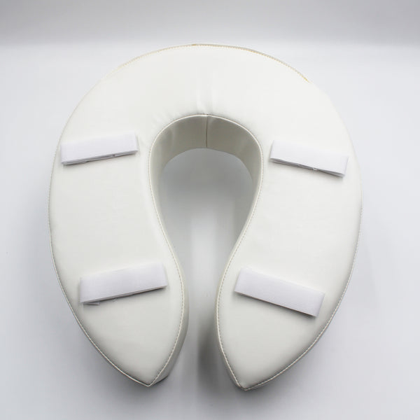 Homecraft Padded Raised Toilet Seat with four Velcro straps, U-shaped seat for added comfort, plain background, top view.
