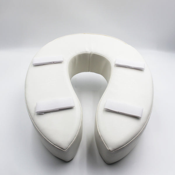 U-shaped padded raised toilet seat with four Velcro straps and soft cushion, front view.