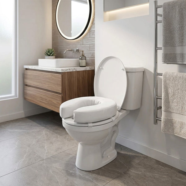 Homecraft Padded Raised Toilet Seat on toilet in modern bathroom, wooden sink cabinet, round mirror, towels on rack, front view.