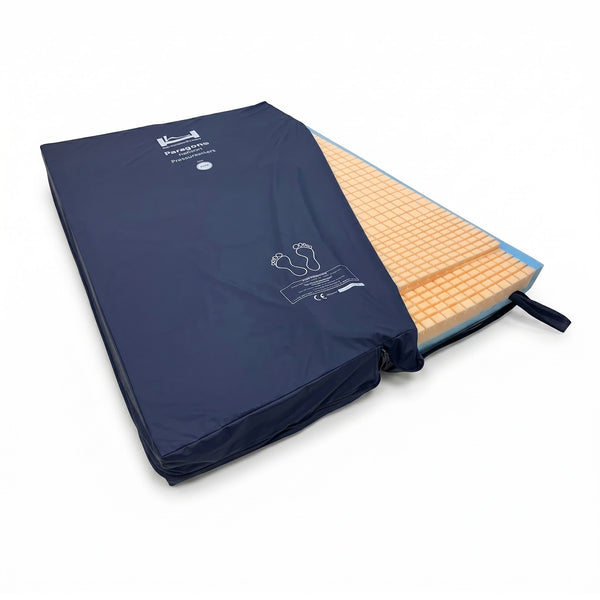 Partnership Active Mattress with zippered cover and grid-patterned foam, alternating cells, angled view.