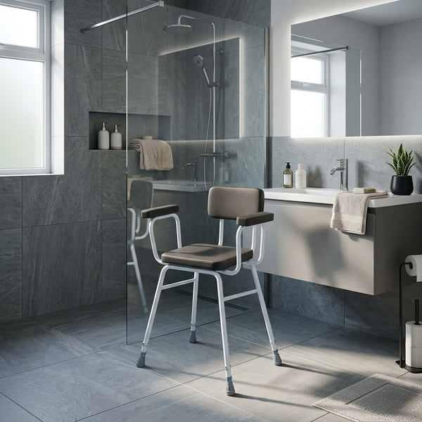 Drive Perching Stool with padded arms and backrest by the shower in a modern bathroom, sink and mirror visible, wide view.