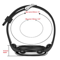 Pivotell 8 Alarm Vibrating Watch with red labels displaying 150–230mm wrist range and 16.5mm depth, side view.