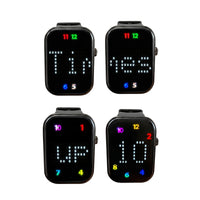 Four Pivotell Vibratime Smart Watches showing Times Up 10 with large clear digits for reminders, front view.