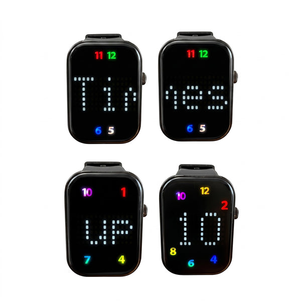 Four Pivotell Vibratime Smart Watches showing Times Up 10 with large clear digits for reminders, front view.