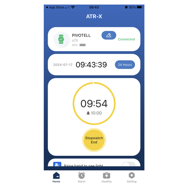 Pivotell Vibratime Smart Watch displaying time, battery, timer and routine icons on app screen, front view.