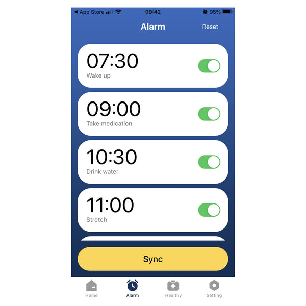 Pivotell Vibratime Smart Watch with four daily alarm icons and a Sync button below, front view.