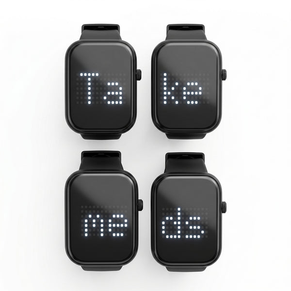 Four Pivotell Vibratime Smart Watches showing Take me ds in white text, set out in a 2x2 grid on white background, top view.