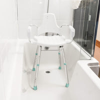 Gordon Ellis Prima shower stool with arms and back, height adjustable for use in bath or shower, front view.