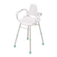 Gordon Ellis Prima Shower Stool with arms and back, featuring safety tips on legs, front angle.