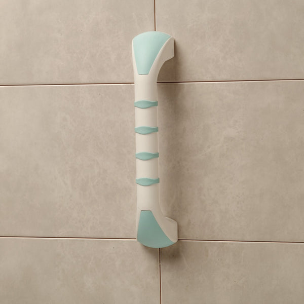 Gordon Ellis Prima Straight Grab Bar mounted vertically on beige tiled wall, front view.
