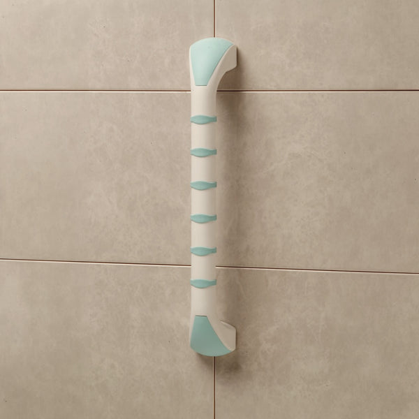 Prima Straight Grab Bar by Gordon Ellis vertically fitted on a tiled bathroom wall, front view.
