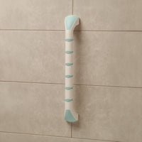 Gordon Ellis Prima Straight Grab Bar with soft grip, mounted vertically on tiled wall for support, close-up.