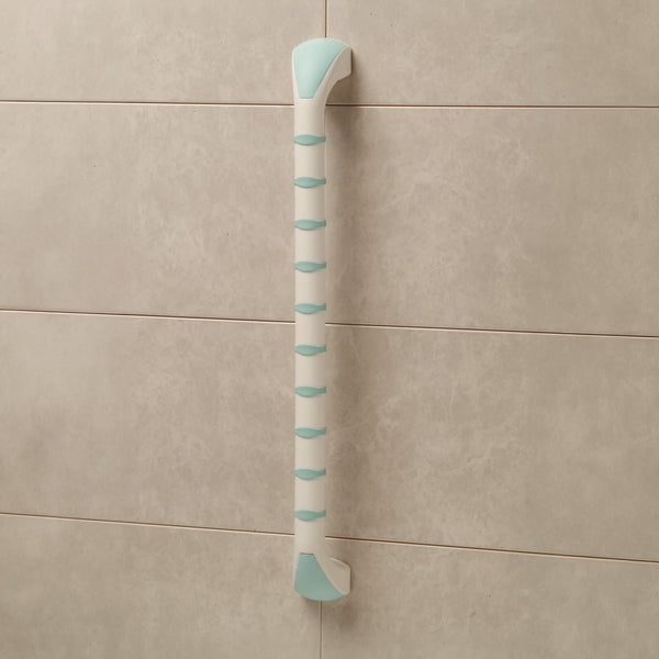Gordon Ellis Prima Straight Grab Bar with non-slip grip mounted vertically on a tiled bathroom wall, front view.