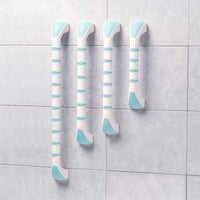 Four Prima Straight Grab Bars by Gordon Ellis mounted vertically on a tiled bathroom wall, front view.