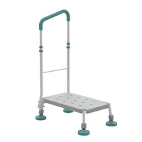 Gordon Ellis Prima Suction Feet metal step stool with handrail, suction feet and adjustable legs for shower or toilet use, front view.