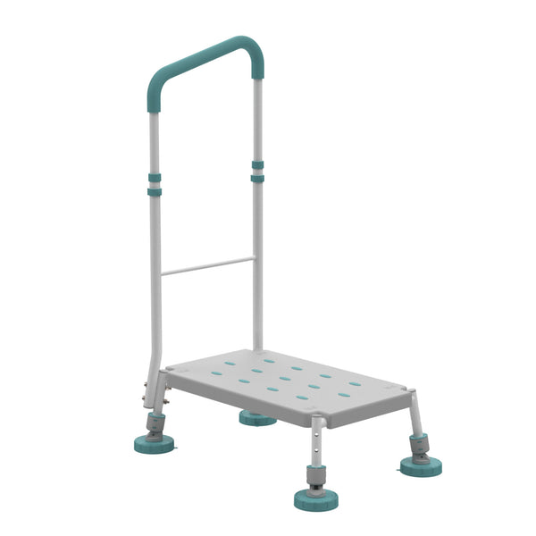 Gordon Ellis Prima Suction Feet metal step stool with handrail, suction feet and adjustable legs for shower or toilet use, front view.