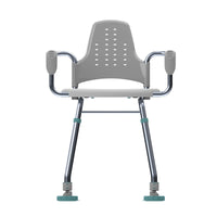 Gordon Ellis Prima Suction Feet shower stool with armrests, perforated back, metal legs, suction feet, front view.