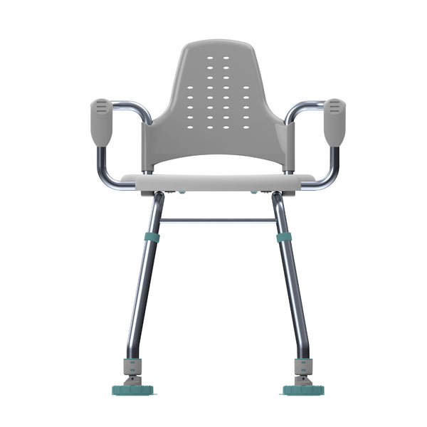 Gordon Ellis Prima Suction Feet shower stool with armrests, perforated back, metal legs, suction feet, front view.