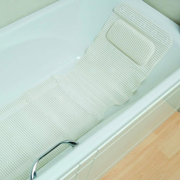 Performance Health PVC Foam Bath Mat with Neck Rest positioned in a bathtub next to a chrome handle, top view.