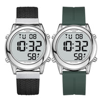 Two round Ravencourt Living digital talking watches, radio-controlled, both show 10:32, designed for visually impaired users, front view.