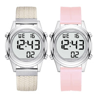 Two Ravencourt radio controlled digital talking watches showing 12:43 with fabric and silicone straps, for visually impaired users, front view.