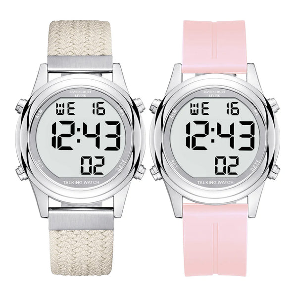 Two Ravencourt radio controlled digital talking watches showing 12:43 with fabric and silicone straps, for visually impaired users, front view.