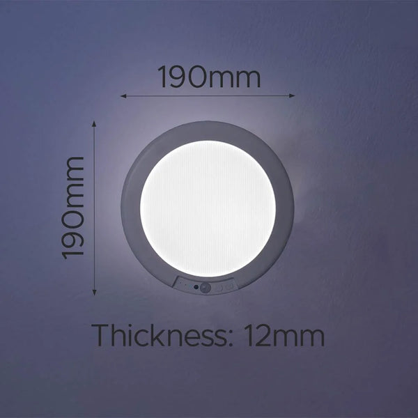 Rechargeable motion ceiling light mounted on wall with 190mm diameter and 12mm thickness shown, dimensions marked with text and arrows, front view.