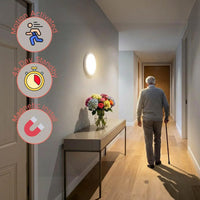Elderly person with cane walking under Lifemax Rechargeable Motion Ceiling Light, feature icons on left, in use view.