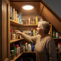 Lifemax rechargeable motion ceiling light illuminating pantry shelves as an elderly woman reaches for a jar, in use view.