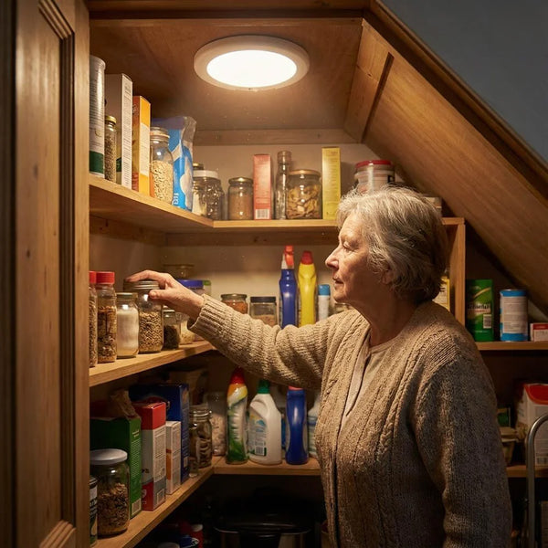 Lifemax rechargeable motion ceiling light illuminating pantry shelves as an elderly woman reaches for a jar, in use view.