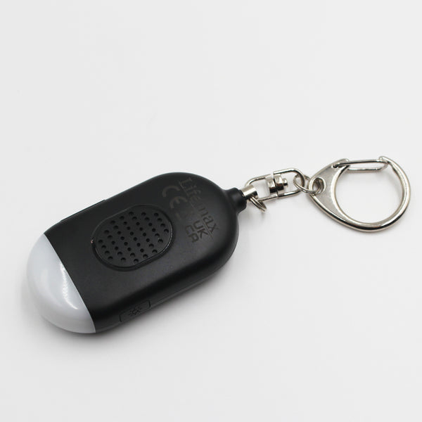Lifemax Rechargeable Personal Alarm keychain with torch, speaker grill, and metal ring on plain background, front view.