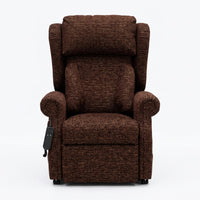 Repose Chatsworth Dual Motor Riser Recliner Chair by Repose Seating with remote and firm foam cushions on white, front view.