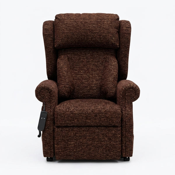 Repose Chatsworth Dual Motor Riser Recliner Chair by Repose Seating with remote and firm foam cushions on white, front view.