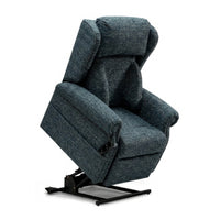 Repose Chatsworth Dual Motor Riser Recliner Chair raised with padded armrests and firm cushions, side view.