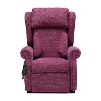 Repose Chatsworth dual motor riser recliner chair with firm foam sides, padded arms and left-side remote, front angle view.