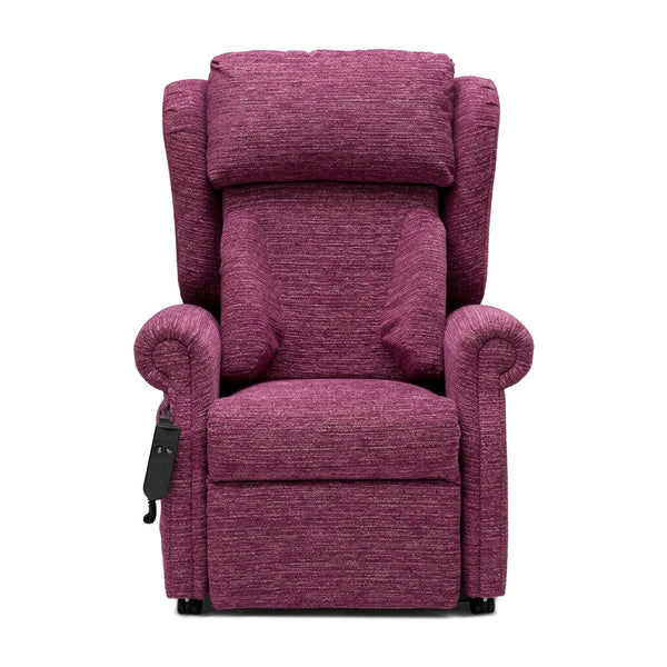 Repose Chatsworth dual motor riser recliner chair with firm foam sides, padded arms and left-side remote, front angle view.