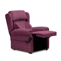 Repose Seating Chatsworth Dual Motor Riser Recliner Chair with firm foam lateral cushions and extended footrest, front view on white background.