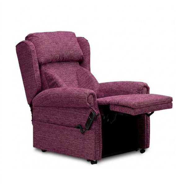 Repose Seating Chatsworth Dual Motor Riser Recliner Chair with firm foam lateral cushions and extended footrest, front view on white background.