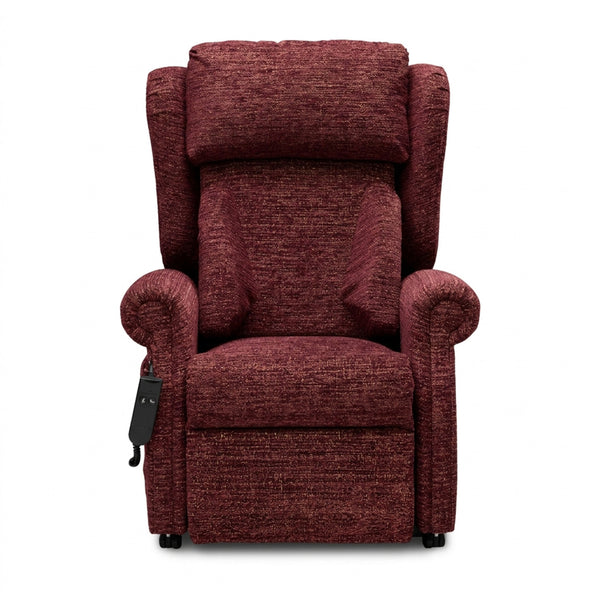 Repose Chatsworth dual motor riser recliner chair with left-side remote, front angle view.