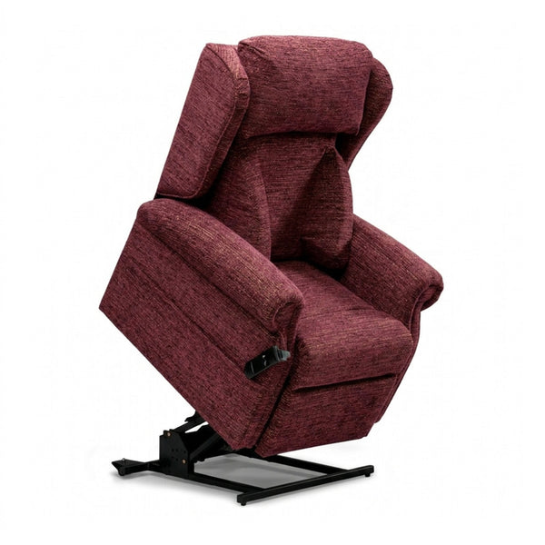 Repose Seating Chatsworth dual motor riser recliner chair partially raised, white background, side view.