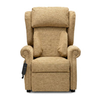 Repose Chatsworth dual motor riser recliner chair with firm foam cushions, padded arms and wired remote on the left, front view.