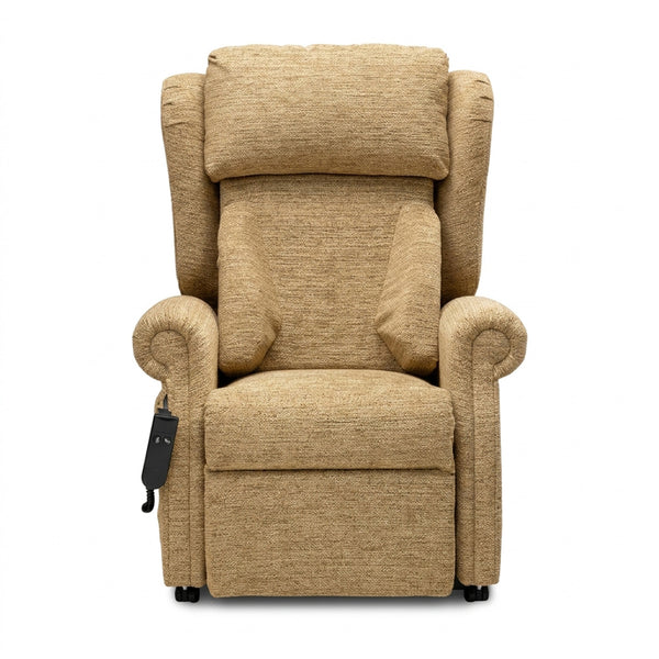 Repose Chatsworth dual motor riser recliner chair with firm foam cushions, padded arms and wired remote on the left, front view.