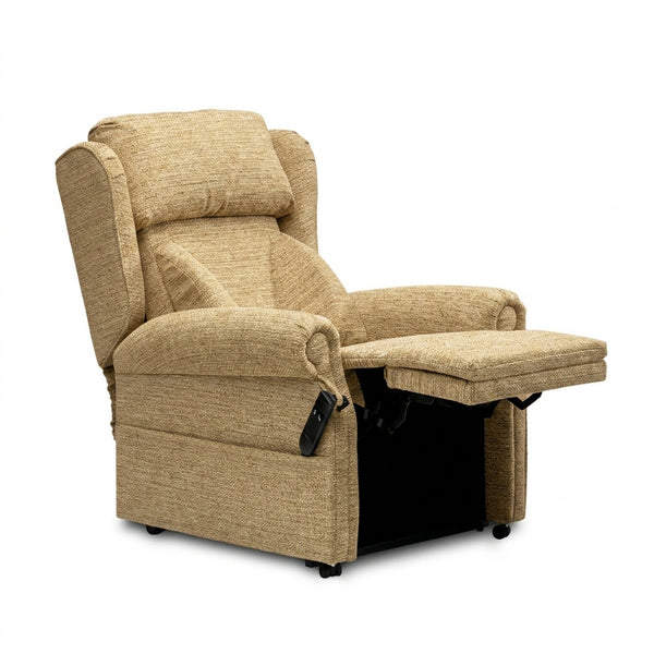 Repose Seating Chatsworth Dual Motor Riser Recliner Chair with firm cushions and extended footrest, white background, front view.